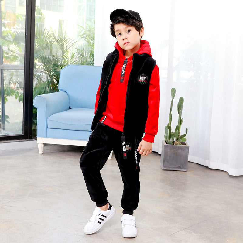 Boys' sports suit gold silk double faced velvet sweater 3-piece set