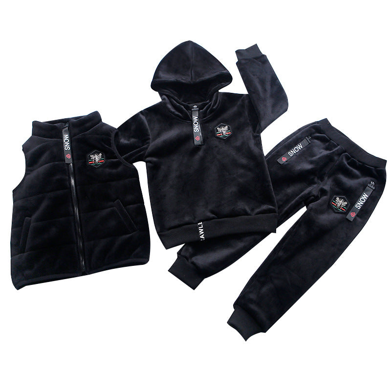 Boys' sports suit gold silk double faced velvet sweater 3-piece set