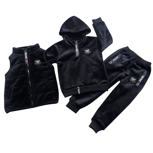 Boys' sports suit gold silk double faced velvet sweater 3-piece set