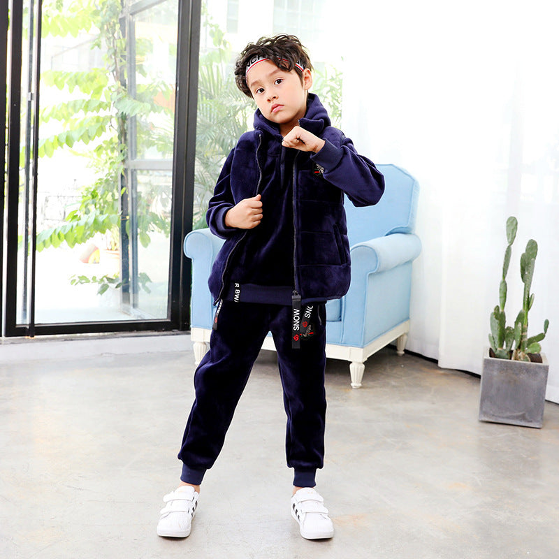 Boys' sports suit gold silk double faced velvet sweater 3-piece set
