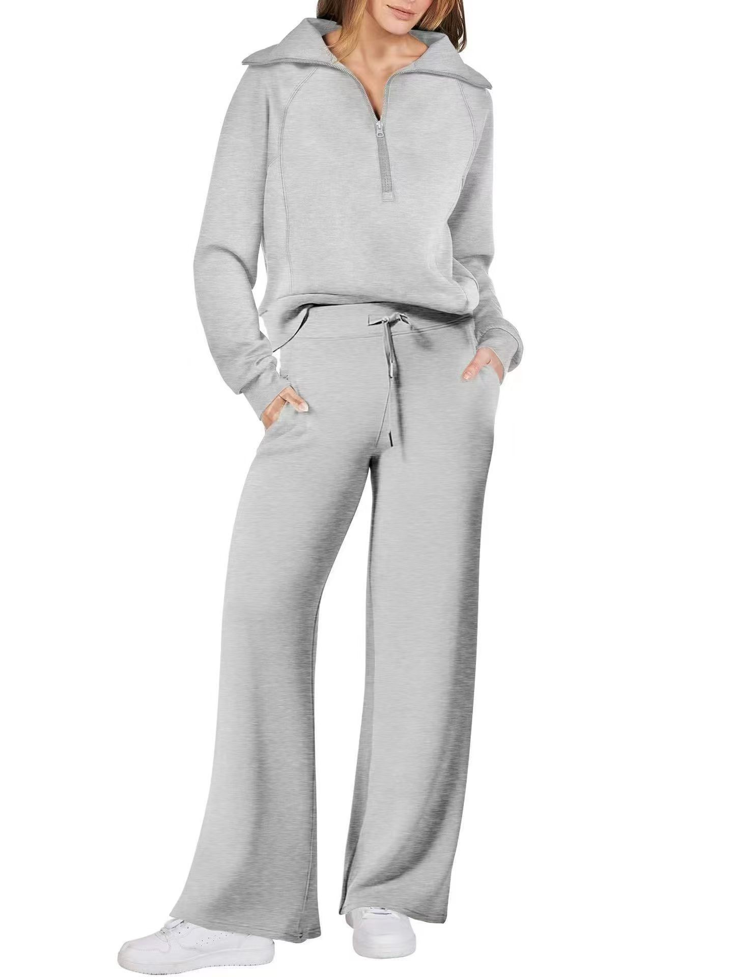 Oversized Half Zip Sweatshirt Wide Leg Track Pants Casual Suit Women