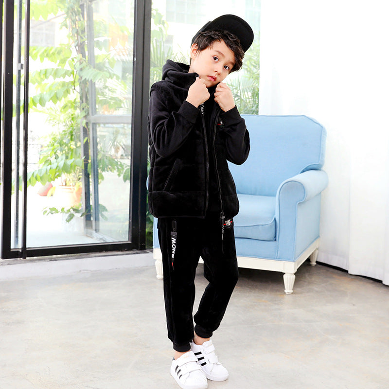 Boys' sports suit gold silk double faced velvet sweater 3-piece set