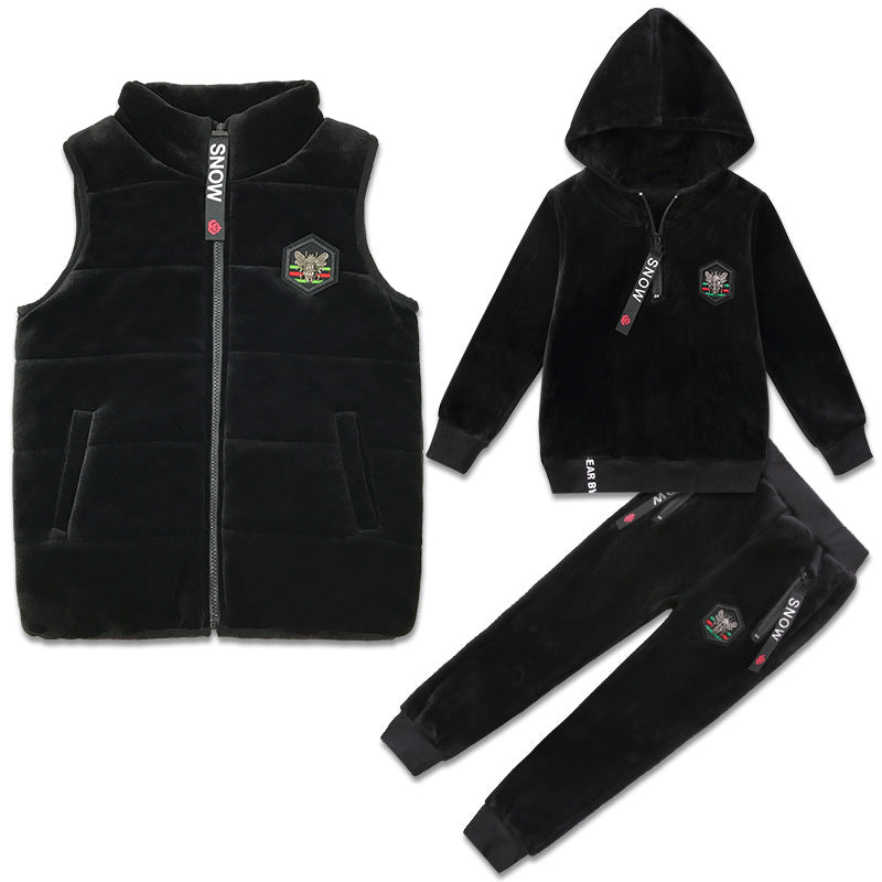 Boys' sports suit gold silk double faced velvet sweater 3-piece set