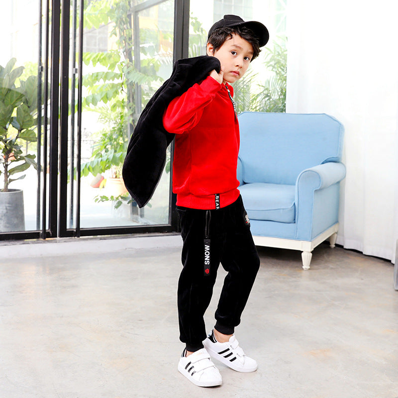 Boys' sports suit gold silk double faced velvet sweater 3-piece set