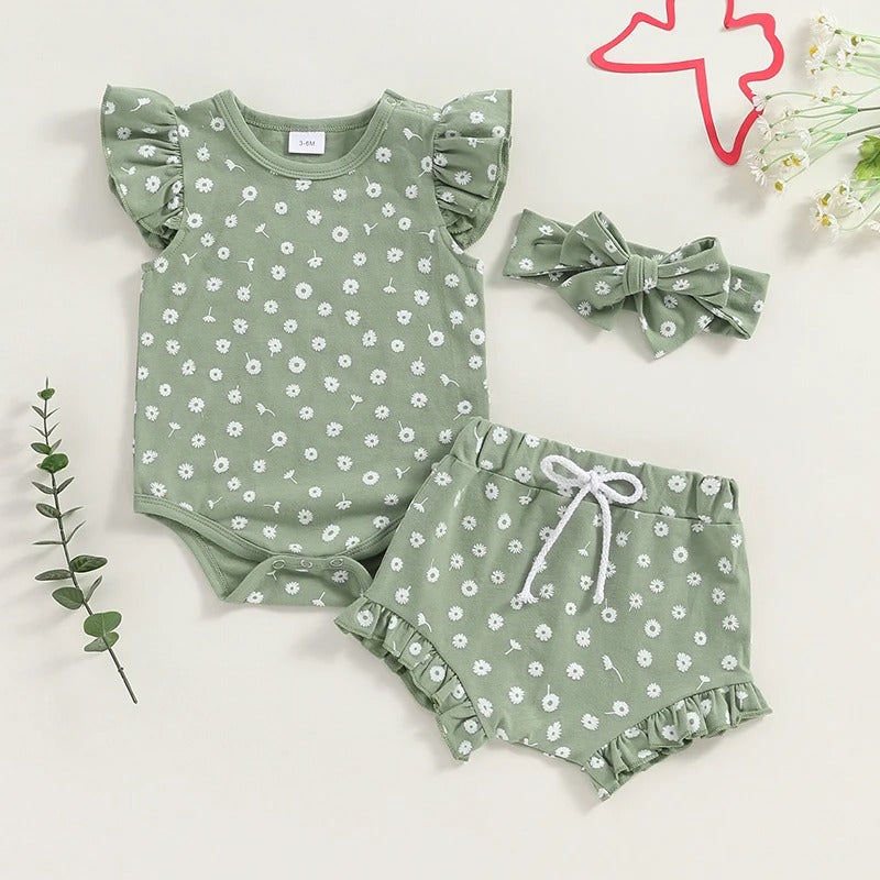 Boys And Girls Fashion Floral Flying Sleeves Romper Suit